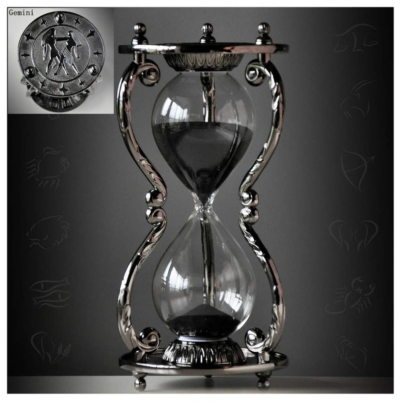 LeDiYouGou Black Antique Decorative Hourglass Sand Timer  30 Minute Unique Vintage 12 Constellations Metal Art Hour Glass for Office Desk Home Decor  Birthday GiftGemini 