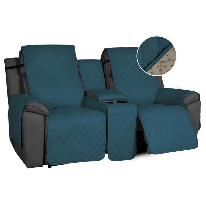 EasyGoing NonSlip Loveseat Recliner Sofa Cover with Console Water Resistant Double Reclining Couch Cover with Adjustable Strap 2Piece Washable Furniture Cover for Dog Pet2 Seater Peacock Blue
