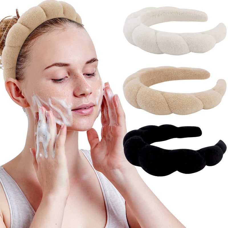 WHAVEL 3 Pack Spa Headband Skincare Headbands Soft Hair Band for Washing Face Makeup Facial Skin Care Khaki Brown Black