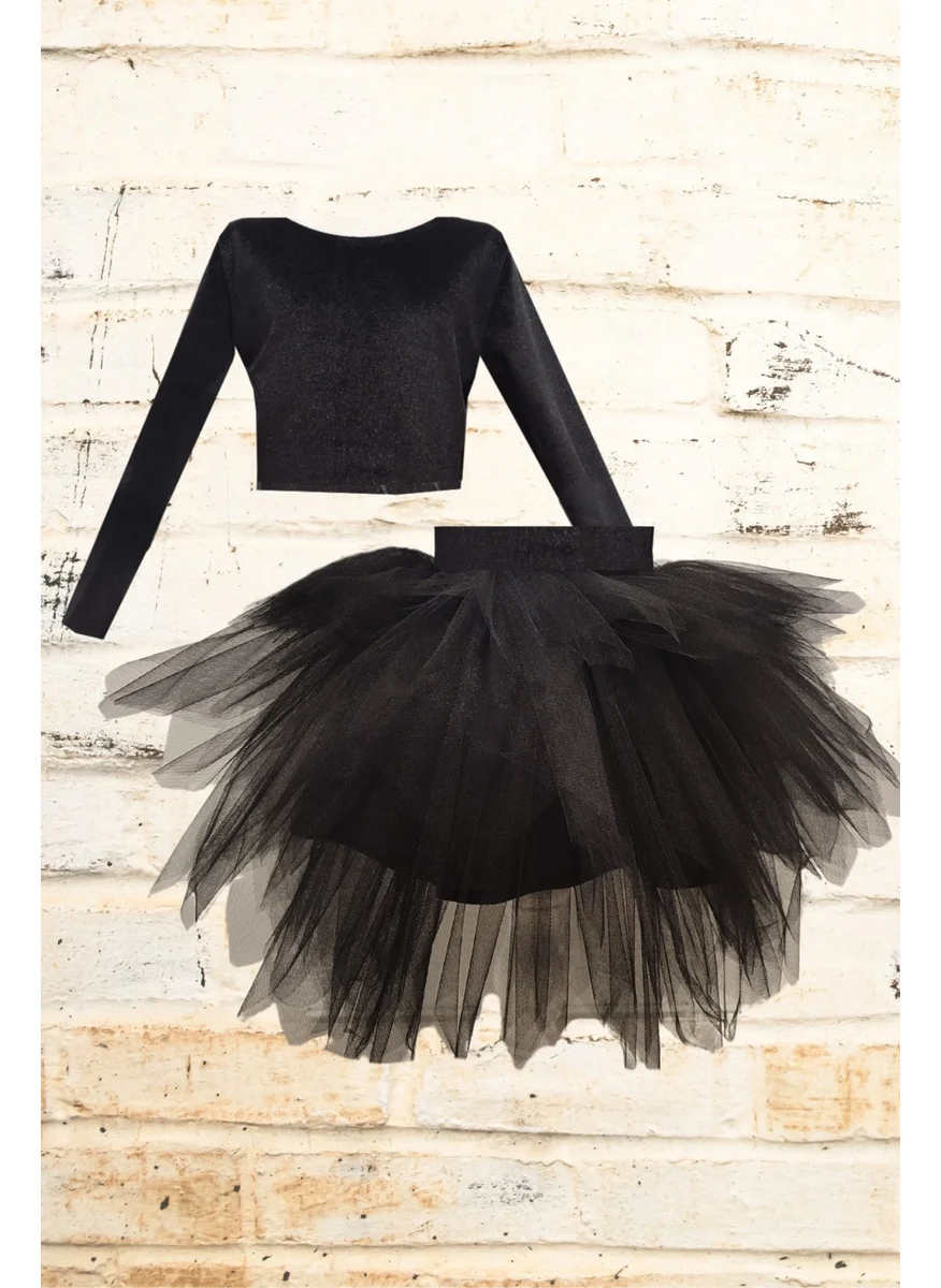 Shecco Babba Long Sleeve Velvet Top and Tutu Skirt Child Set - 1-10 Years - Black