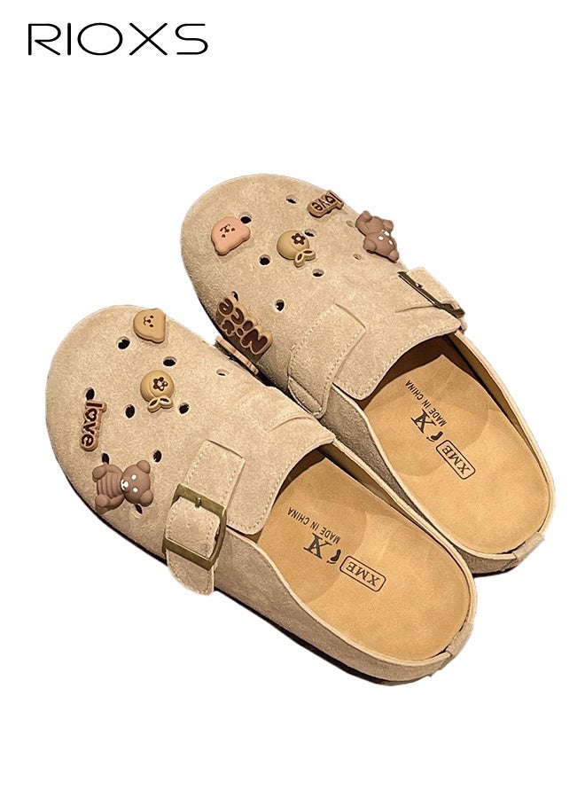 RIOXS Suede Clogs For Women, Ventilated Hollow Mules, Women's Slip-on Potato Shoes, Footbed Suede Cork Clogs Mules, Ladies House Slipers With Arch Support, Breathable Womens Suede Clogs Shoes, Casual Slip-on Mules For Mom/ Girlfriend/ Wife/ Sisters-Khaki Mules  - Image 1