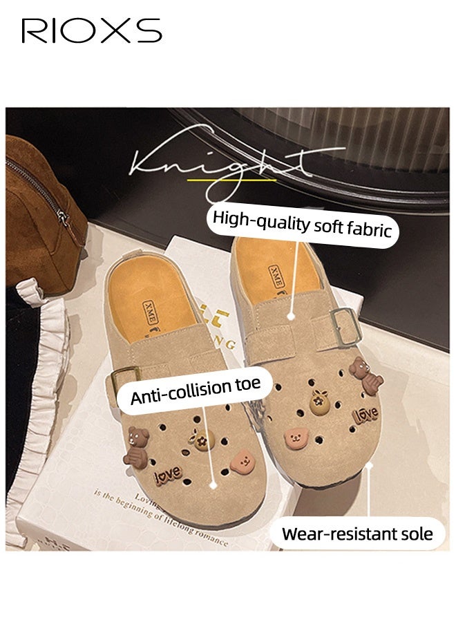RIOXS Suede Clogs For Women, Ventilated Hollow Mules, Women's Slip-on Potato Shoes, Footbed Suede Cork Clogs Mules, Ladies House Slipers With Arch Support, Breathable Womens Suede Clogs Shoes, Casual Slip-on Mules For Mom/ Girlfriend/ Wife/ Sisters-Khaki Mules  - Image 5