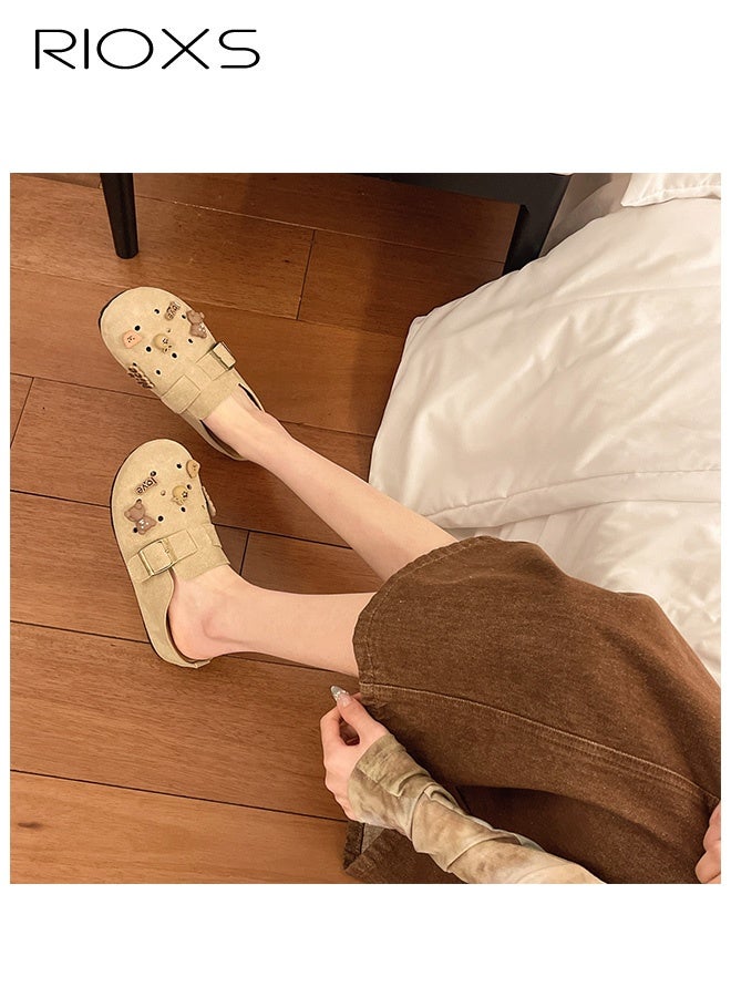 RIOXS Suede Clogs For Women, Ventilated Hollow Mules, Women's Slip-on Potato Shoes, Footbed Suede Cork Clogs Mules, Ladies House Slipers With Arch Support, Breathable Womens Suede Clogs Shoes, Casual Slip-on Mules For Mom/ Girlfriend/ Wife/ Sisters-Khaki Mules  - Image 2