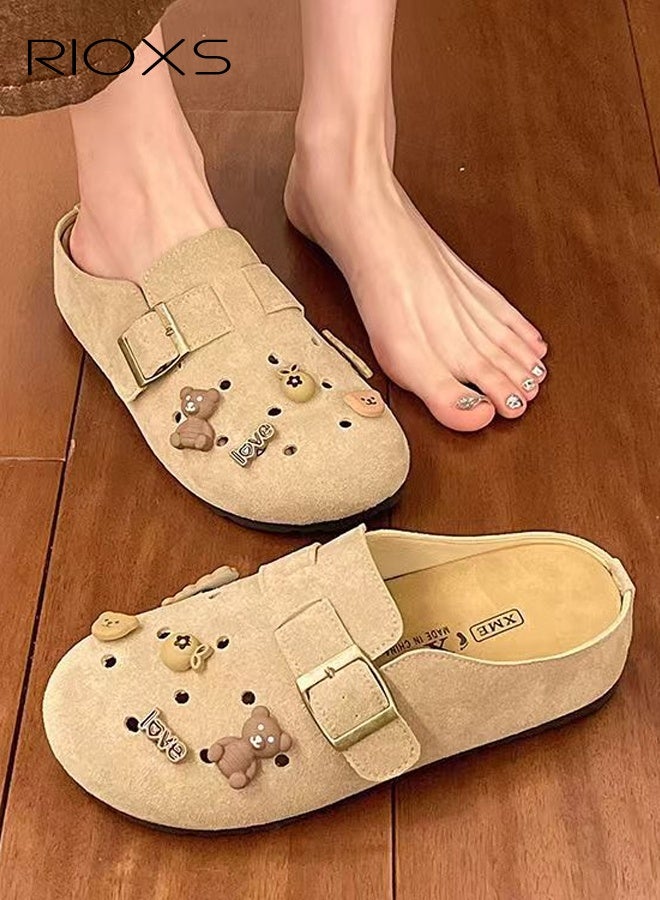 RIOXS Suede Clogs for Women, Funny Slip-on Potato Shoes with Ventilated Holes and Adjustable Buckles, Women's Comfort Cork Clog Mule, Breathable Footbed Suede Cork Clogs Mules, Non-slip Ladies House Slipers with Arch Support, Casual Slip Ons Mules for Mom Girlfriend Wife Sisters, Clog Slippers Khaki Mules - Image 1