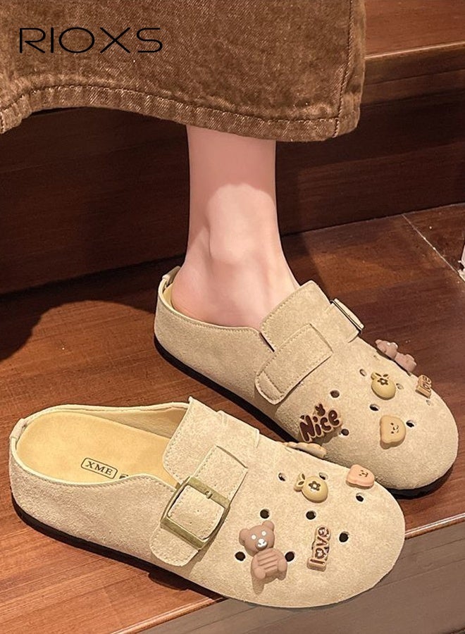 RIOXS Suede Clogs for Women, Funny Slip-on Potato Shoes with Ventilated Holes and Adjustable Buckles, Women's Comfort Cork Clog Mule, Breathable Footbed Suede Cork Clogs Mules, Non-slip Ladies House Slipers with Arch Support, Casual Slip Ons Mules for Mom Girlfriend Wife Sisters, Clog Slippers Khaki Mules - Image 2