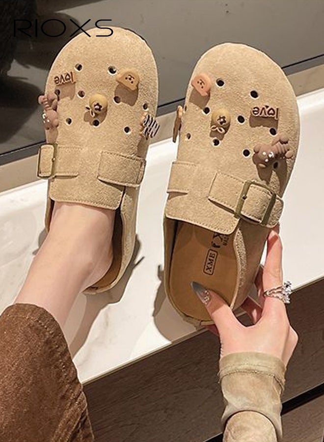 RIOXS Suede Clogs for Women, Funny Slip-on Potato Shoes with Ventilated Holes and Adjustable Buckles, Women's Comfort Cork Clog Mule, Breathable Footbed Suede Cork Clogs Mules, Non-slip Ladies House Slipers with Arch Support, Casual Slip Ons Mules for Mom Girlfriend Wife Sisters, Clog Slippers Khaki Mules - Image 3