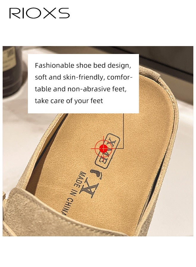 RIOXS Suede Clogs for Women, Funny Slip-on Potato Shoes with Ventilated Holes and Adjustable Buckles, Women's Comfort Cork Clog Mule, Breathable Footbed Suede Cork Clogs Mules, Non-slip Ladies House Slipers with Arch Support, Casual Slip Ons Mules for Mom Girlfriend Wife Sisters, Clog Slippers Khaki Mules - Image 5