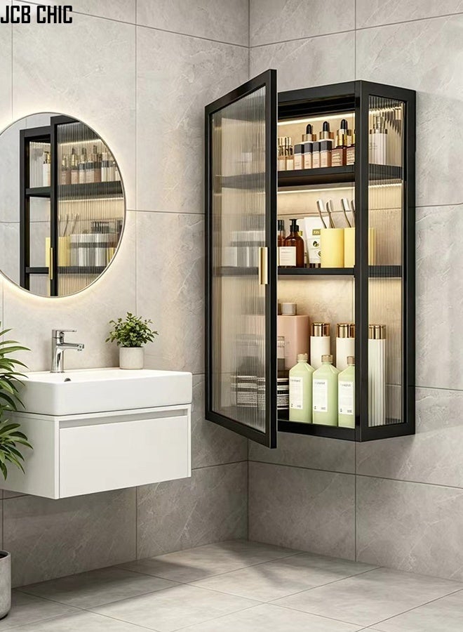 JCB CHIC No Drill Wall Mounted Storage Cabinet with Glass Doors，3-Tier Kitchen/Bathroom Wall Organize， Black Metal Floating Medicine Cabine，Large Display Cabinet，Cosmetic Makeup Organizer，Hanging Storage Shelf for Kitchen，Bathroom & Living Room - Image 1