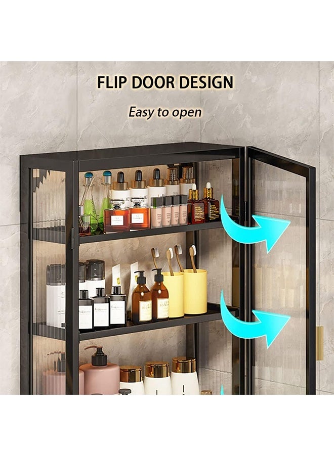 JCB CHIC No Drill Wall Mounted Storage Cabinet with Glass Doors，3-Tier Kitchen/Bathroom Wall Organize， Black Metal Floating Medicine Cabine，Large Display Cabinet，Cosmetic Makeup Organizer，Hanging Storage Shelf for Kitchen，Bathroom & Living Room - Image 4