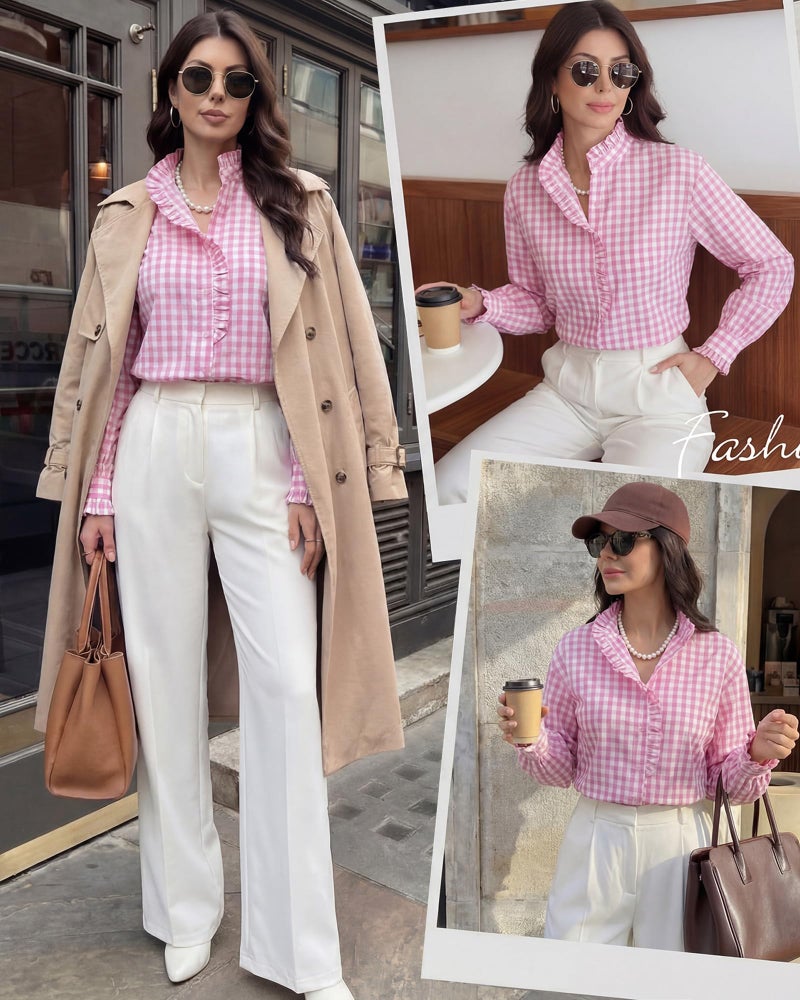 Simlakey Womens Plaid Ruffle Collar V Neck Button Down Blouse Long Sleeve Gingham Shirts Retro Casual Work Checkered Tops(Pink,Medium) - Image 2