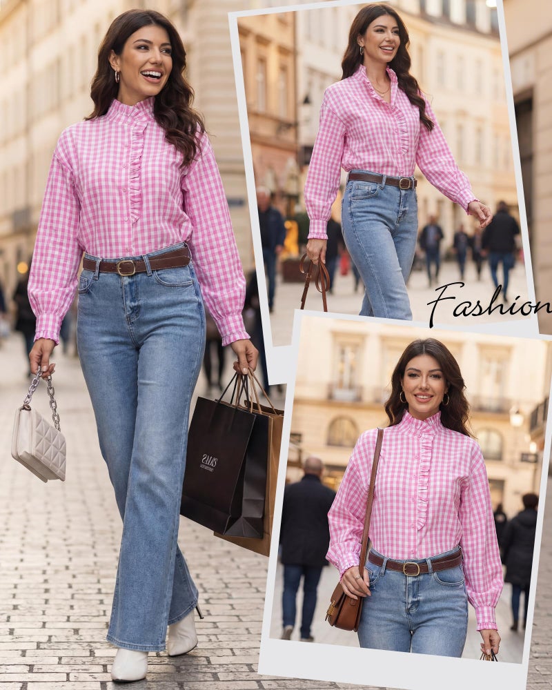 Simlakey Womens Plaid Ruffle Collar V Neck Button Down Blouse Long Sleeve Gingham Shirts Retro Casual Work Checkered Tops(Pink,Medium) - Image 5