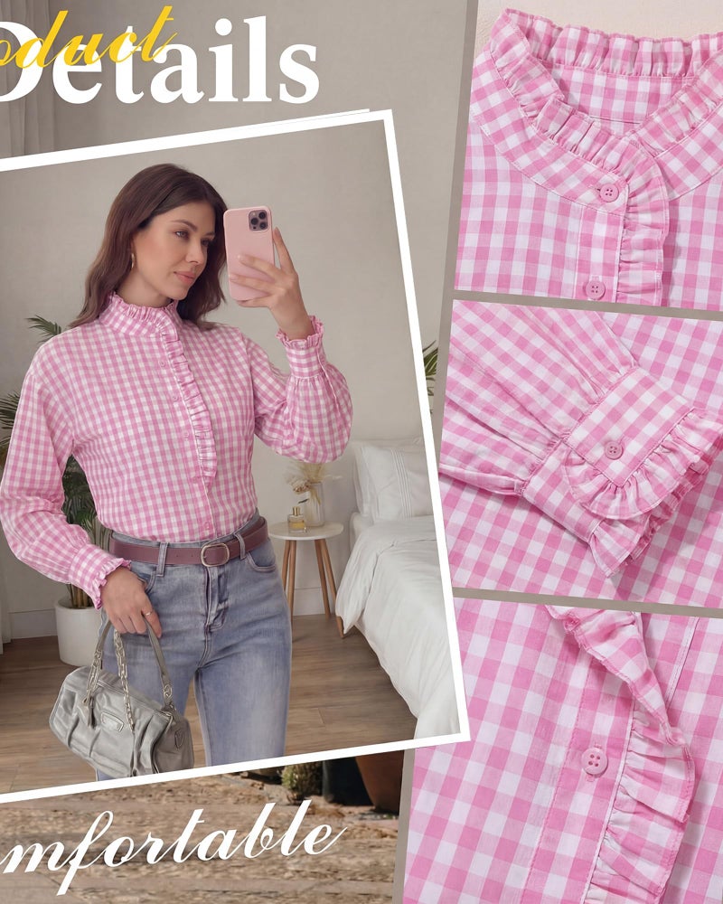 Simlakey Womens Plaid Ruffle Collar V Neck Button Down Blouse Long Sleeve Gingham Shirts Retro Casual Work Checkered Tops(Pink,Medium) - Image 4