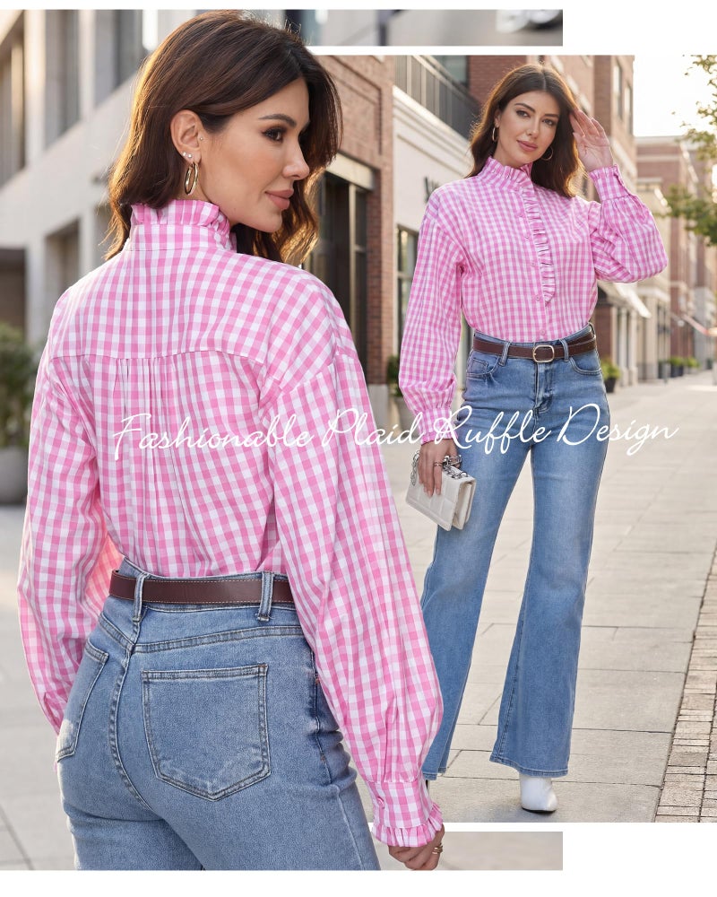 Simlakey Womens Plaid Ruffle Collar V Neck Button Down Blouse Long Sleeve Gingham Shirts Retro Casual Work Checkered Tops(Pink,Medium) - Image 3