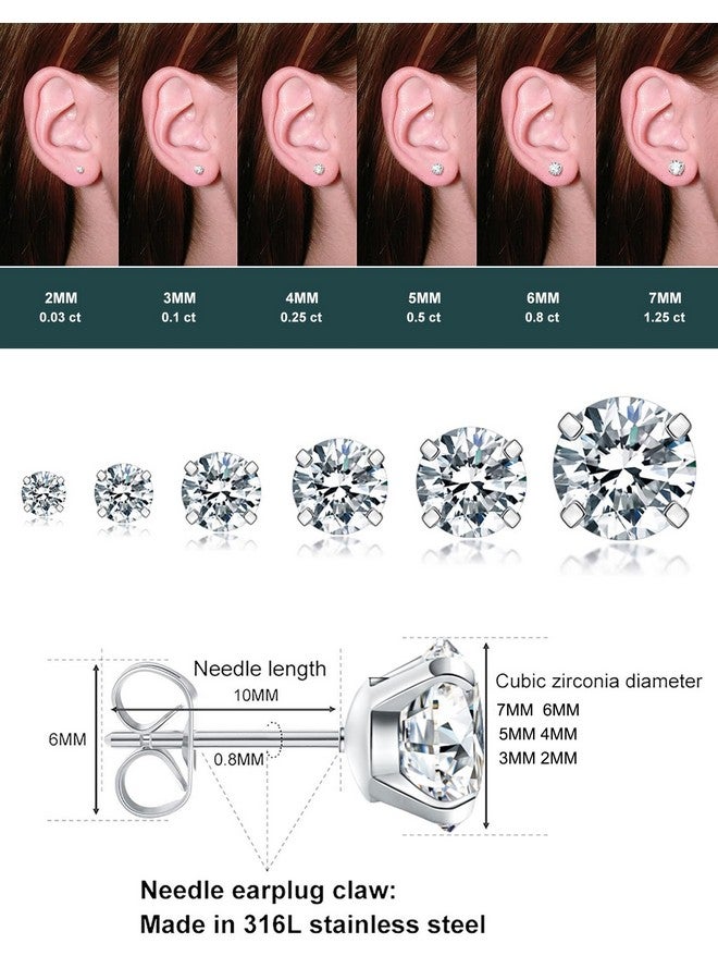 WSSXC 6 Pairs Stud Earrings Set, Hypoallergenic Cubic Zirconia 316L Earrings Stainless Steel Cz Earrings 3-8Mm (Steel Color) - Image 4