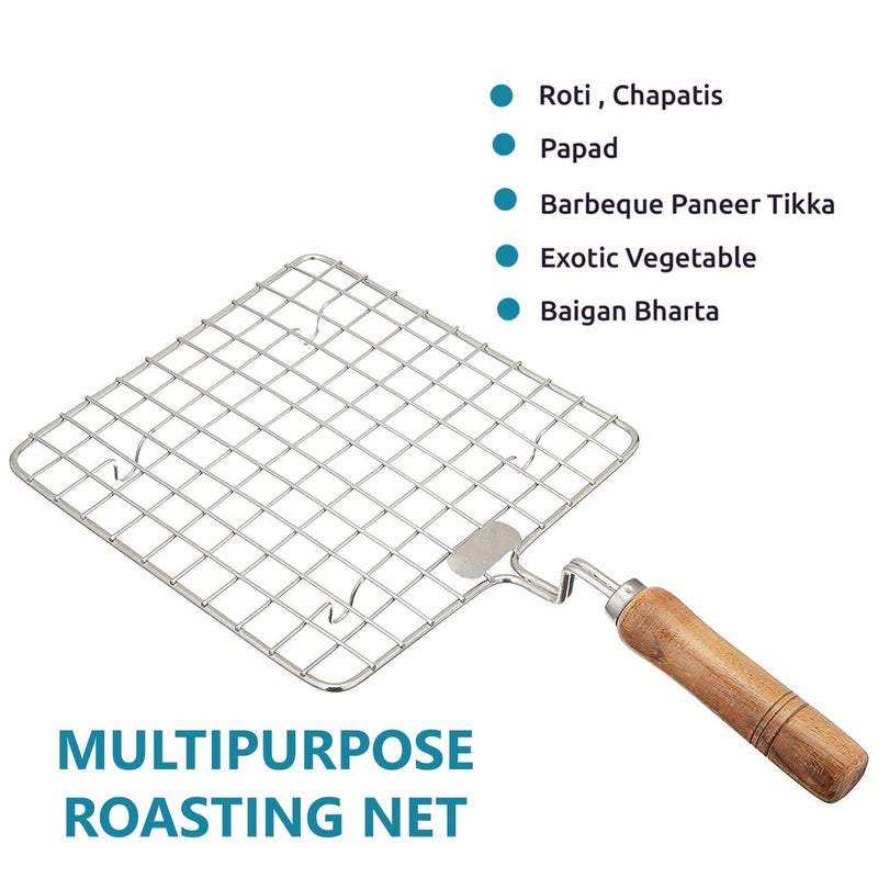 LMR3 Kitchen Square Stainless Steel Roaster Papad Jali, Barbecue Grill with Wooden Handle (Pack of 2) - Image 3