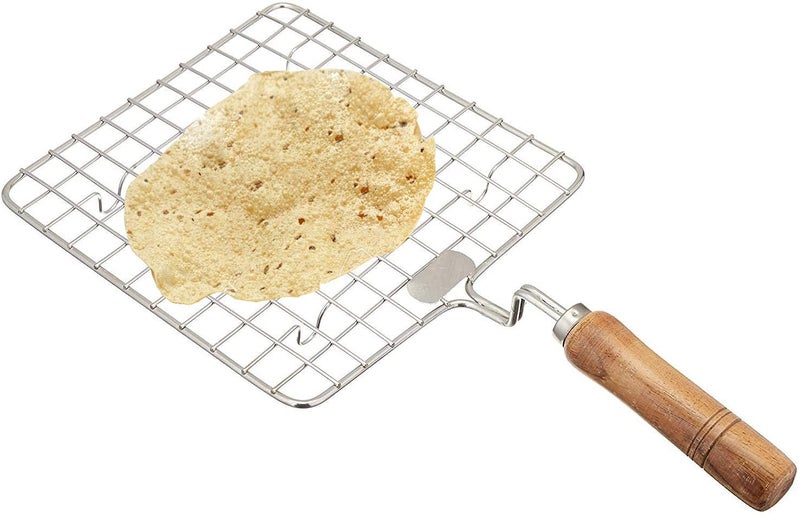 LMR3 Kitchen Square Stainless Steel Roaster Papad Jali, Barbecue Grill with Wooden Handle (Pack of 2) - Image 2