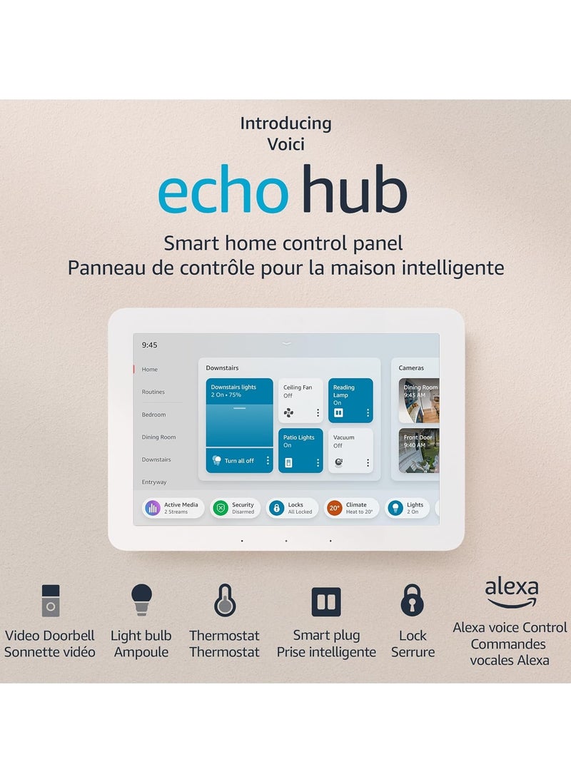 Echo Hub is a smart home control panel with an 8-inch screen size and Alexa support, compatible with thousands of devices, latest version (white)
