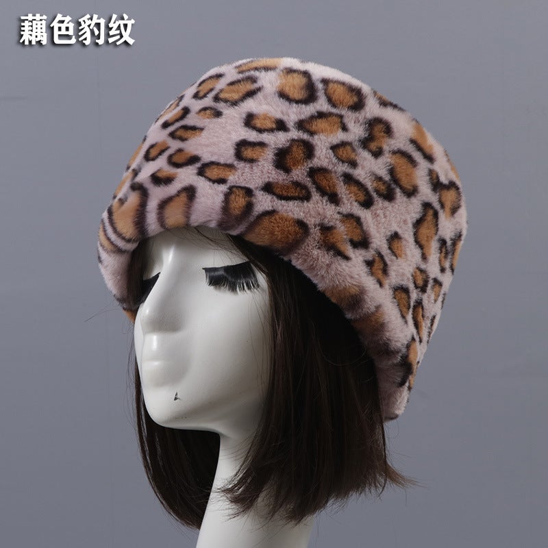 Autumn Winter Faux Rabbit Fur Hat for Adults Lotus color leopard print short fur flat hat 
