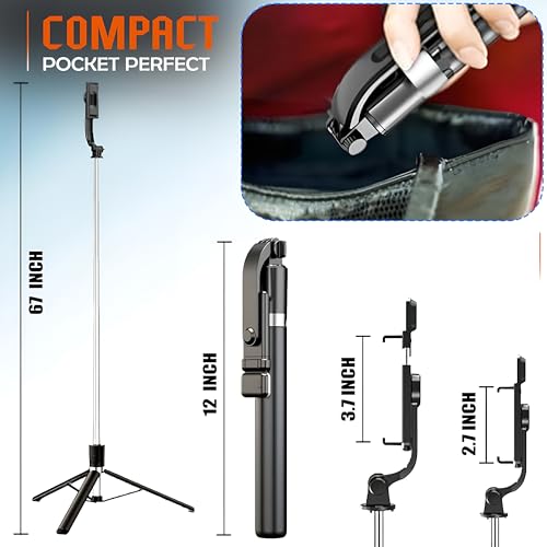 Blushinsta Selfie Stick Tripod with Light 67 inch /170cm Tripod for Mobile Phone Multi Functional Bluetooth Long Selfie Stick for Travel Vlogging (GenZ Stick 170 CM) - Image 5