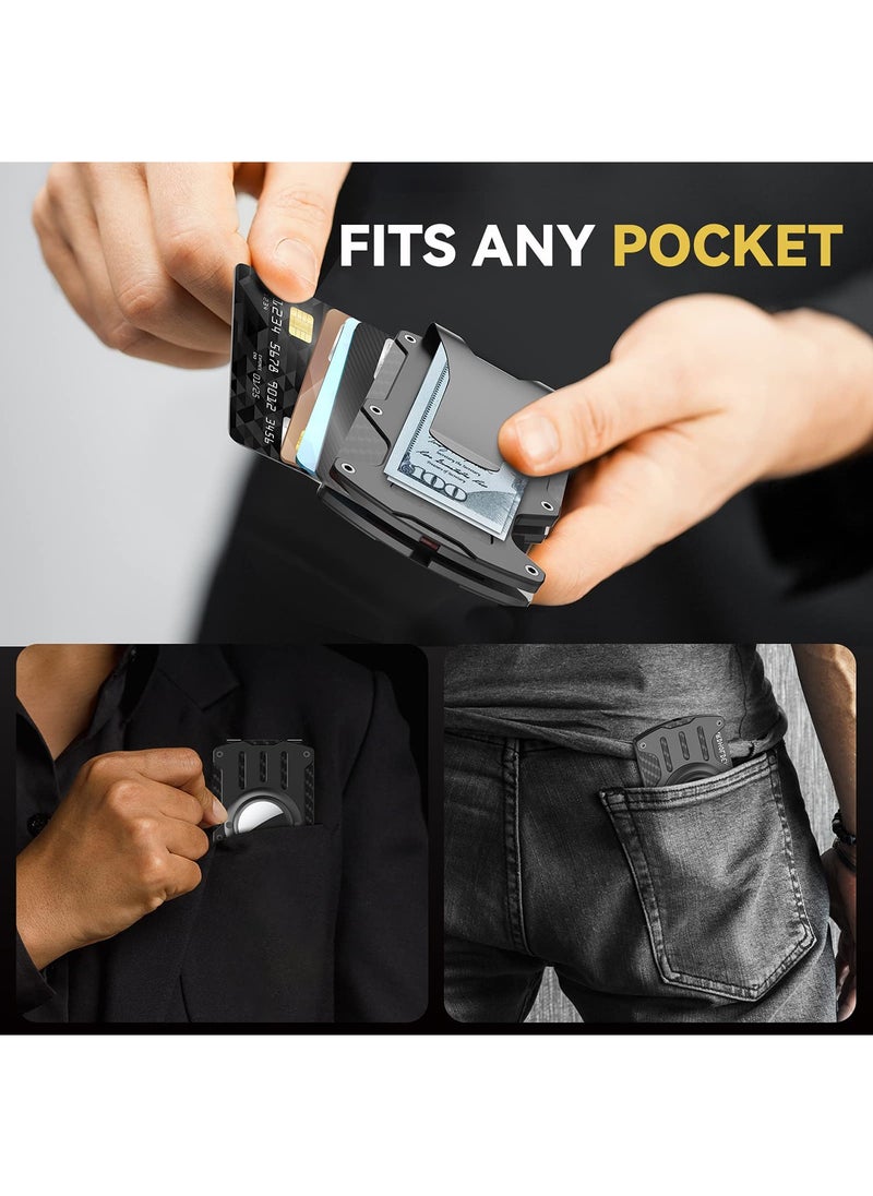 SYOSI - Wallet Men for AirTag, Slim Minimalist Metal Wallet with AirTag Holder, Carbon Fiber RFID Blocking Credit Card Holder for Air Tag Wallets with Money Clip, Black - Image 1