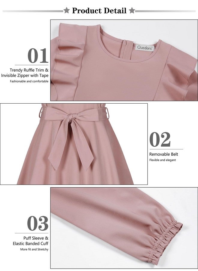Quedoris Girls Ruffle Trim Long Sleeve Belted Dress with Zipper Grey Pink Fall 150Y, Grey Pink Fall, 11-12 Years - Image 5