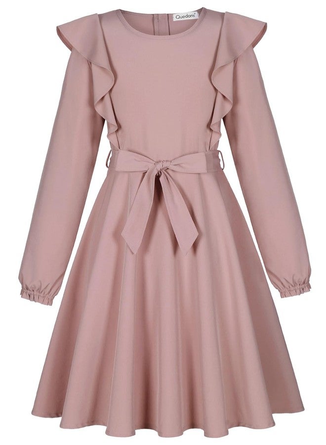 Quedoris Girls Ruffle Trim Long Sleeve Belted Dress with Zipper Grey Pink Fall 150Y, Grey Pink Fall, 11-12 Years - Image 2