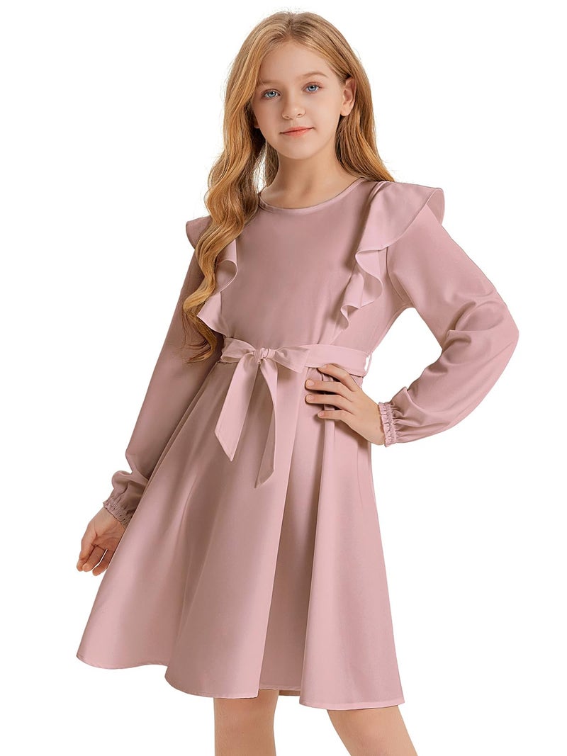 Quedoris Girls Ruffle Trim Long Sleeve Belted Dress with Zipper Grey Pink Fall 150Y, Grey Pink Fall, 11-12 Years - Image 1
