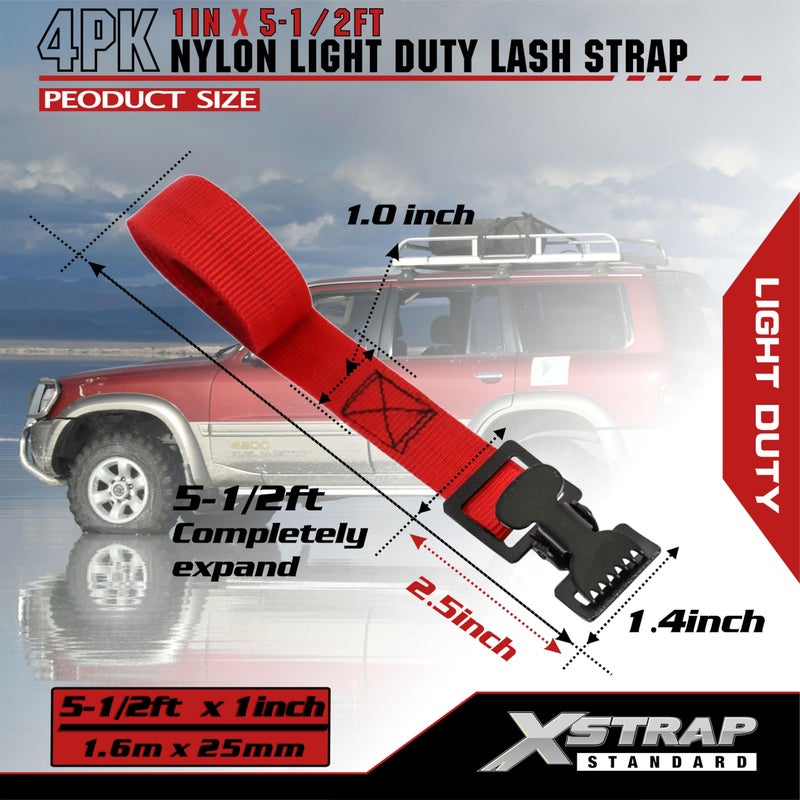 XSTRAP STANDARD 4pk 1" x 5-1/2ft JUST Clip All-Purpose Lashing Strap, Alligator Thumb Buckle Cargo Secure Utility Webbing, Red - Image 2
