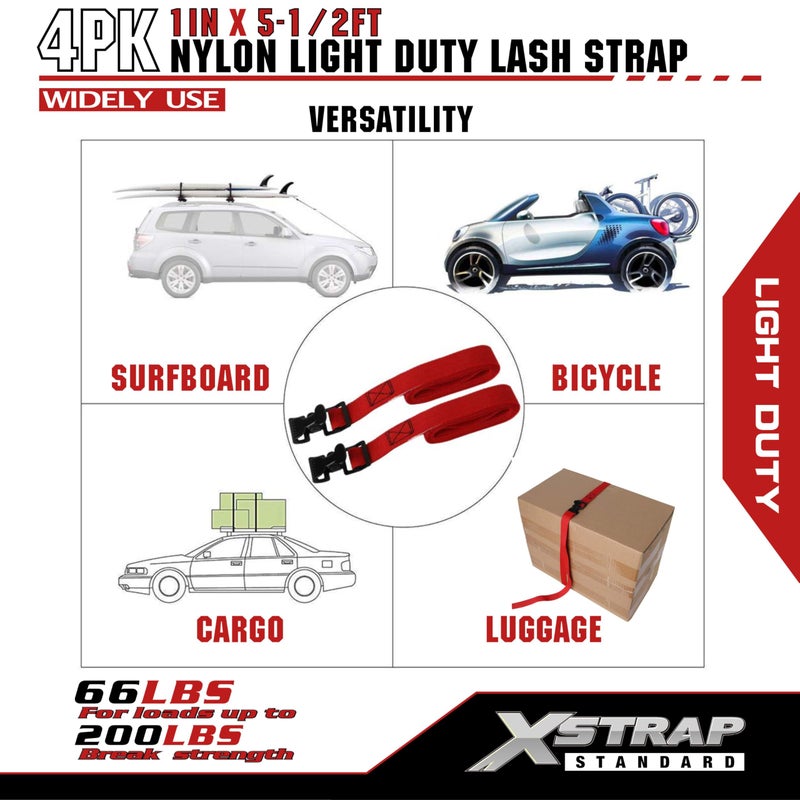 XSTRAP STANDARD 4pk 1" x 5-1/2ft JUST Clip All-Purpose Lashing Strap, Alligator Thumb Buckle Cargo Secure Utility Webbing, Red - Image 5
