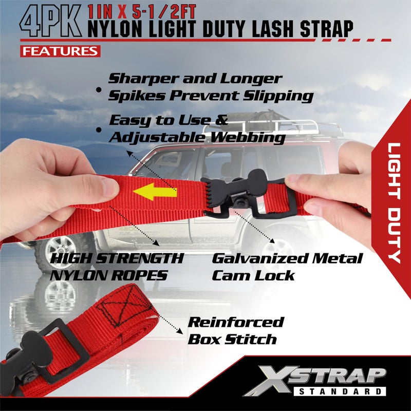 XSTRAP STANDARD 4pk 1" x 5-1/2ft JUST Clip All-Purpose Lashing Strap, Alligator Thumb Buckle Cargo Secure Utility Webbing, Red - Image 3