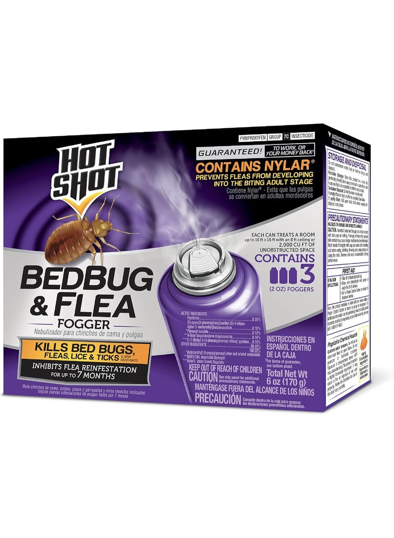 Hot Shot Bed Bug &amp; Flea Fogger، عدد 3 (عبوة من قطعة واحدة)، يقتل البراغيث في الداخل، ويتخلص من البراغيث في المنزل، ويمنع إعادة الإصابة لمدة تصل إلى 7 أشهر - Image 1
