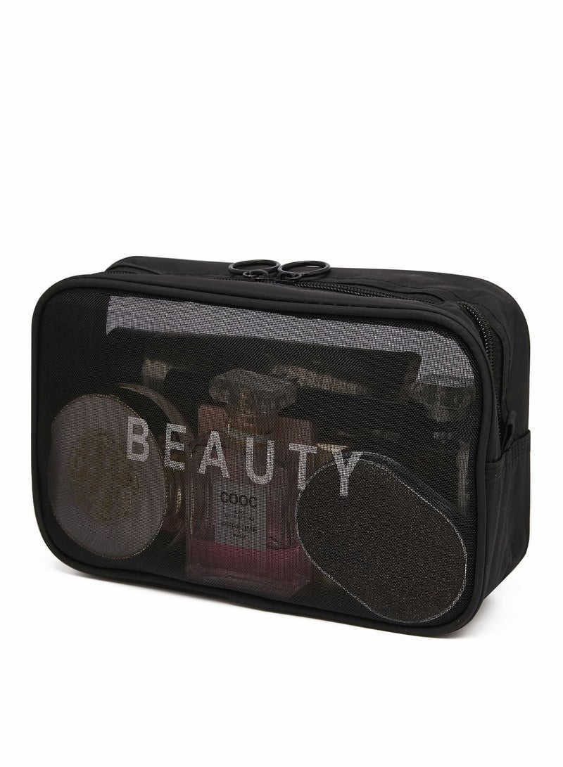 Bluejw Mesh Cosmetic Bags for Women, Nylon Ladies Portable Makeup Organizer Breathable Zipper Pouch Home Offices Travel Accessories, Black - Image 1