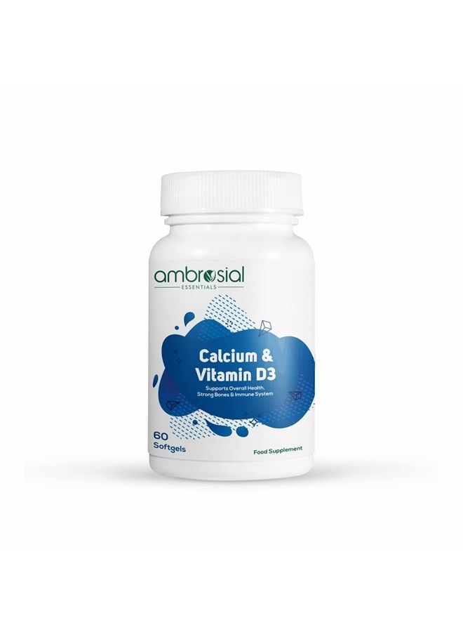 Calcium & Vitamin D3 Tablets | High Potency Calcium Supplement for Healthy Bones, Muscles & Teeth | High Strength Calcium Tablets (Pack of 1-60 Softgels)