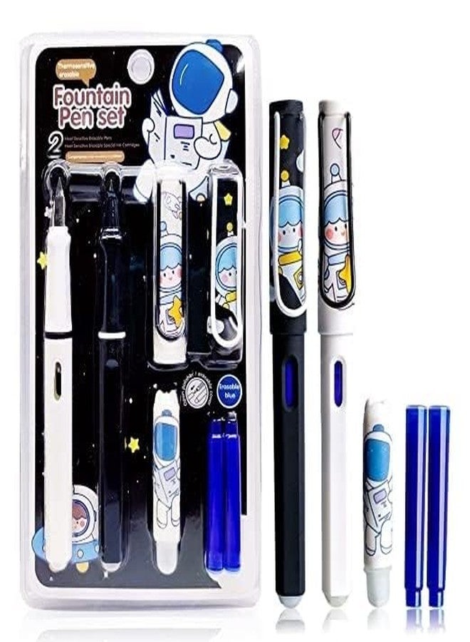 APCATIO Astro Space Astronaut Theme Fountain Erasable Pen Fine Nib Tip Ink Pen (2 Fountain Pen With 2 Refills & Eraseable Cover) Best Gift For Kids School Supplies, Ink Blue (Pack Of 1) - Image 1