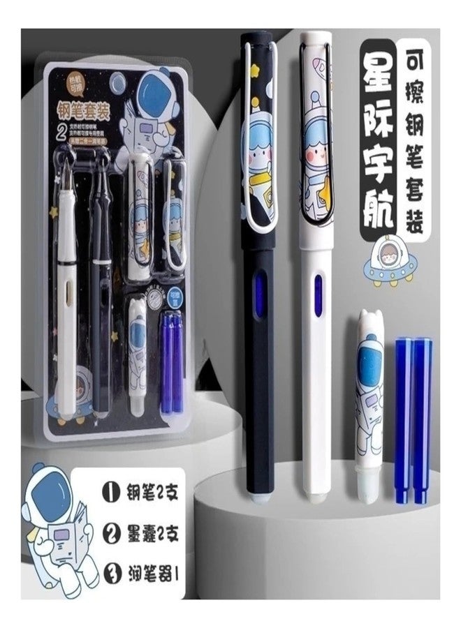 APCATIO Astro Space Astronaut Theme Fountain Erasable Pen Fine Nib Tip Ink Pen (2 Fountain Pen With 2 Refills & Eraseable Cover) Best Gift For Kids School Supplies, Ink Blue (Pack Of 1) - Image 3