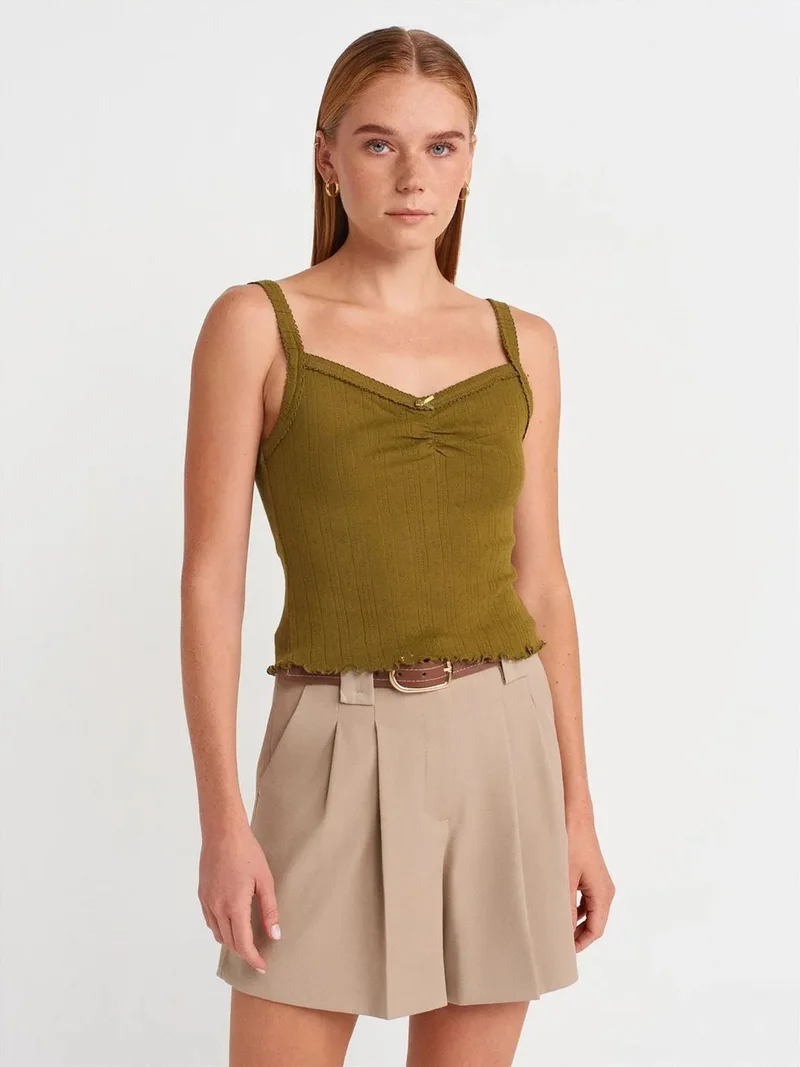 ديلفين Dilvin Cotton Ribbed Square-Neck Cami Blouse