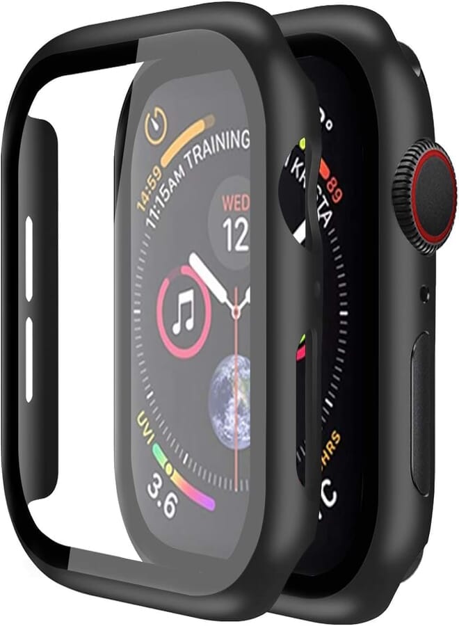 Polycarbonate Full Coverage Hard Screen Protector Case With Tempered Glass Film And Black Edges Design Suitable For Smart Watches 45Mm - Black