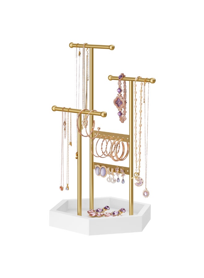 SONGMICS حامل المجوهرات من سونغميكس، منظم المجوهرات، 3 طبقات وصينية واحدة، حامل عرض المجوهرات بإطار معدني، حامل قلادة وأقراط وسوار، للخواتم، باللون الذهبي الباهت والأبيض - Image 1