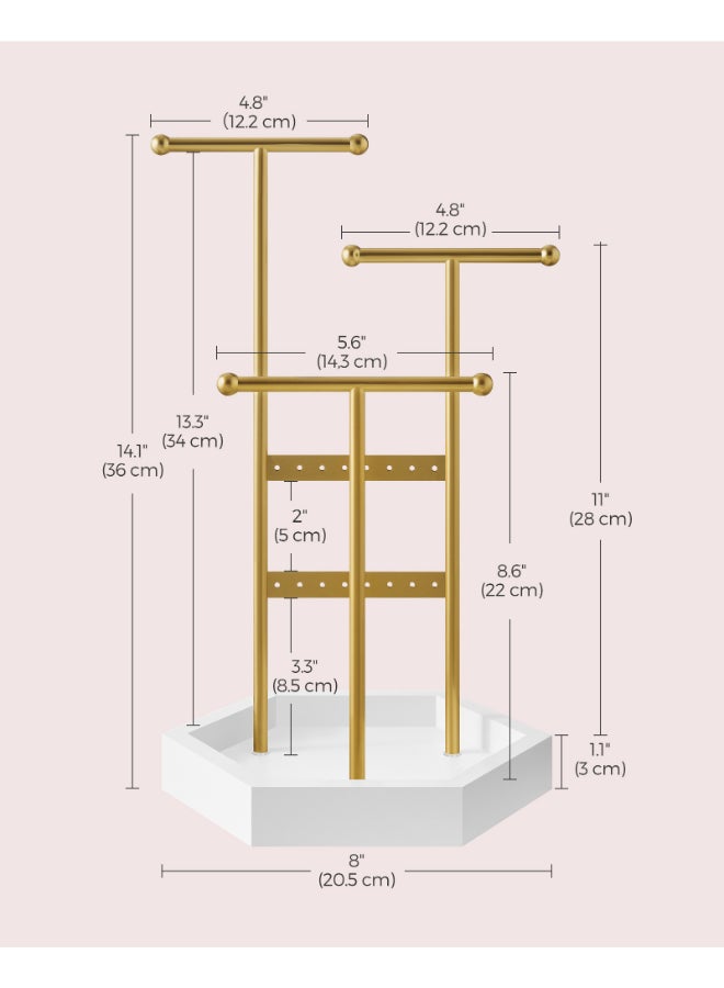 SONGMICS حامل المجوهرات من سونغميكس، منظم المجوهرات، 3 طبقات وصينية واحدة، حامل عرض المجوهرات بإطار معدني، حامل قلادة وأقراط وسوار، للخواتم، باللون الذهبي الباهت والأبيض - Image 5