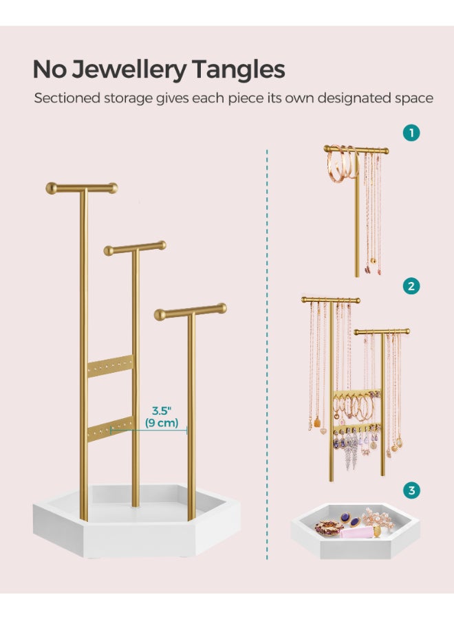 SONGMICS حامل المجوهرات من سونغميكس، منظم المجوهرات، 3 طبقات وصينية واحدة، حامل عرض المجوهرات بإطار معدني، حامل قلادة وأقراط وسوار، للخواتم، باللون الذهبي الباهت والأبيض - Image 4