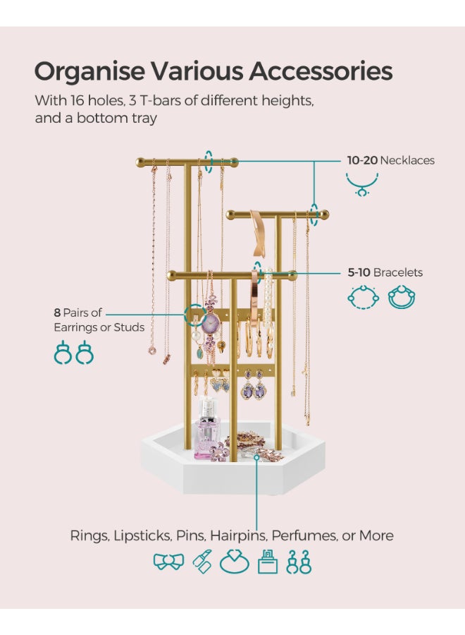 SONGMICS حامل المجوهرات من سونغميكس، منظم المجوهرات، 3 طبقات وصينية واحدة، حامل عرض المجوهرات بإطار معدني، حامل قلادة وأقراط وسوار، للخواتم، باللون الذهبي الباهت والأبيض - Image 3