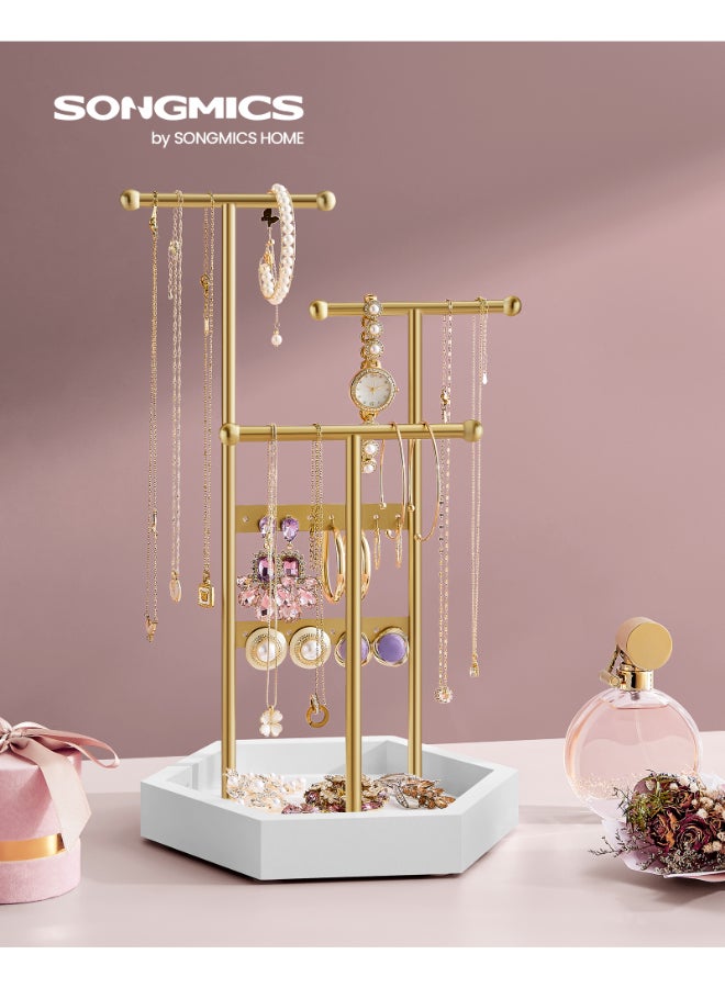 SONGMICS حامل المجوهرات من سونغميكس، منظم المجوهرات، 3 طبقات وصينية واحدة، حامل عرض المجوهرات بإطار معدني، حامل قلادة وأقراط وسوار، للخواتم، باللون الذهبي الباهت والأبيض - Image 2
