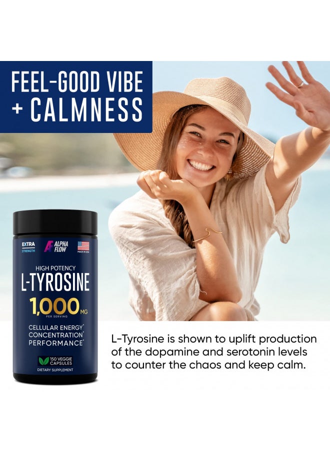 ALPHA FLOW L Tyrosine 1000MG Capsules - All-Natural L- Tyrosine Supplement for Focus & Energy Boost - Non-GMO & Gluten-Free - Vegan 150 Caps -500mg x 2 per Serving  - Image 5