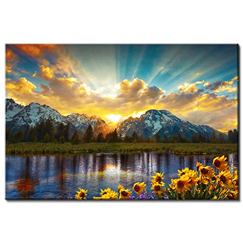 AREBOLO Sunrise Mountain Canvas Wall Art National Park Grand Teton Landscape Picture Nature Forest Sunflower Painting for Kitchen Bedroom Sunset Lake Scenery Poster Prints Artwork Home Decorations 16x24” Gift - Image 1