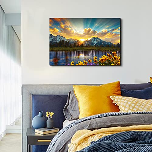 AREBOLO Sunrise Mountain Canvas Wall Art National Park Grand Teton Landscape Picture Nature Forest Sunflower Painting for Kitchen Bedroom Sunset Lake Scenery Poster Prints Artwork Home Decorations 16x24” Gift - Image 2