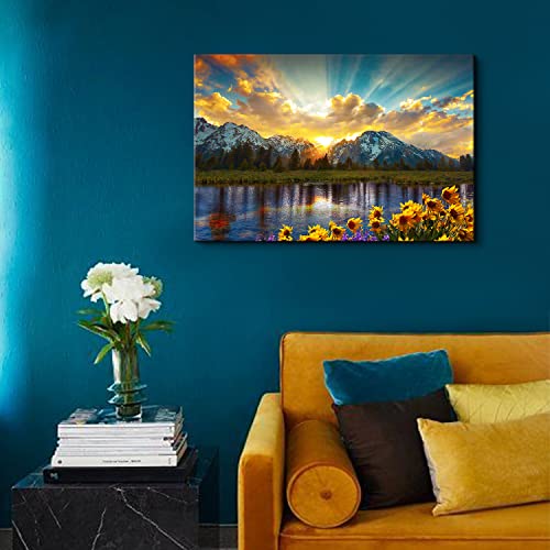 AREBOLO Sunrise Mountain Canvas Wall Art National Park Grand Teton Landscape Picture Nature Forest Sunflower Painting for Kitchen Bedroom Sunset Lake Scenery Poster Prints Artwork Home Decorations 16x24” Gift - Image 3