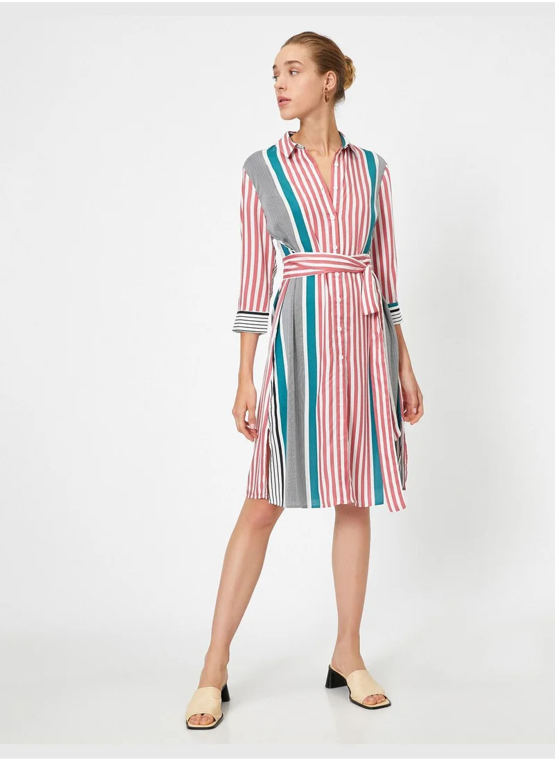 KOTON 3/4 Sleeve Striped Belted Mini Dress