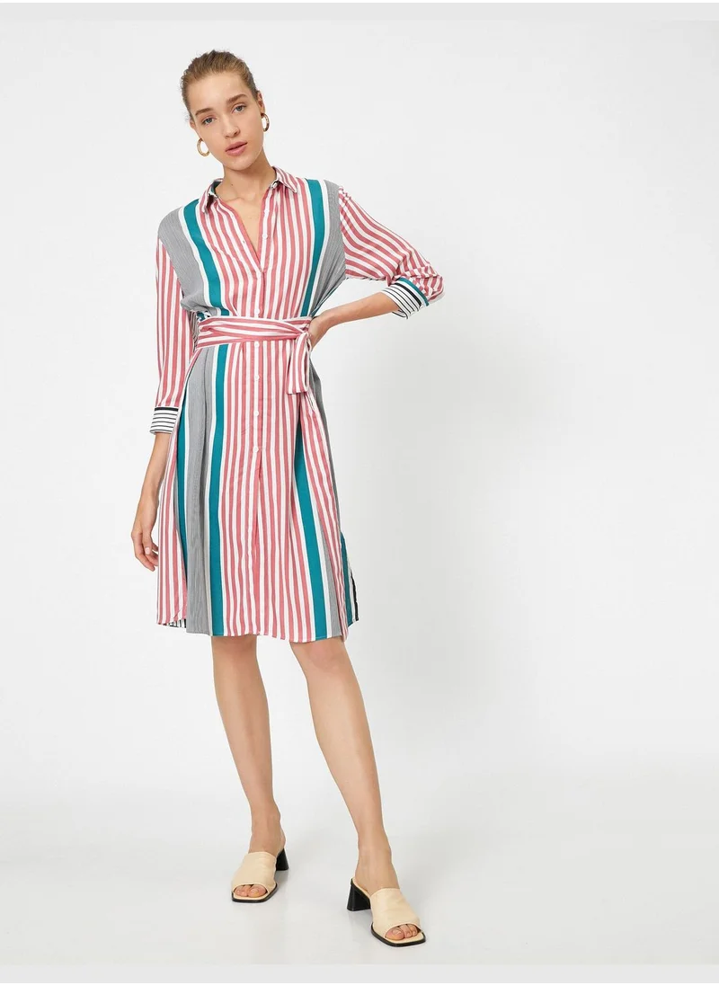 KOTON 3/4 Sleeve Striped Belted Mini Dress