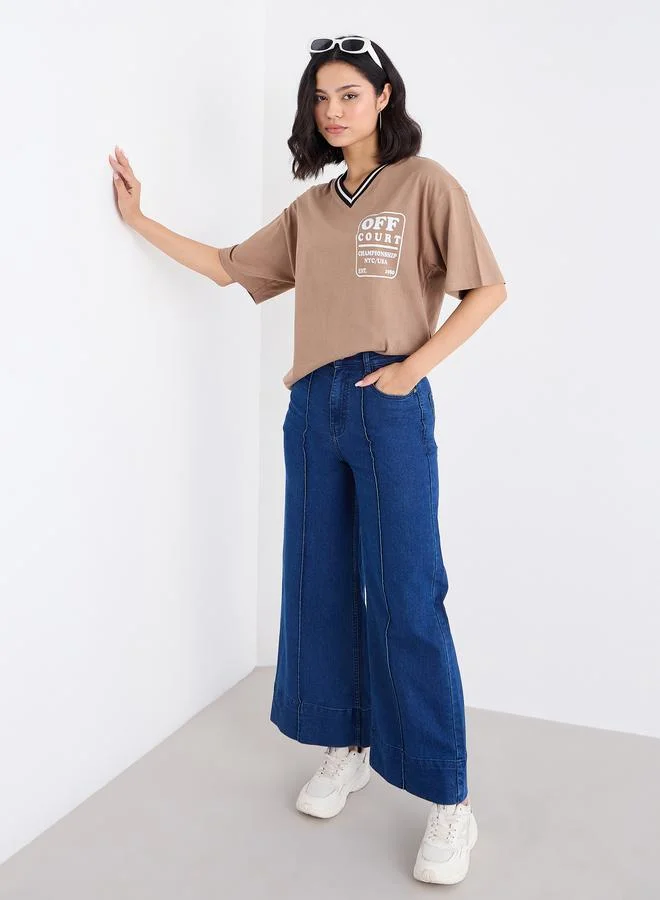 ستايلي Styli Slogan Print Contrast Neck Oversize T-Shirt