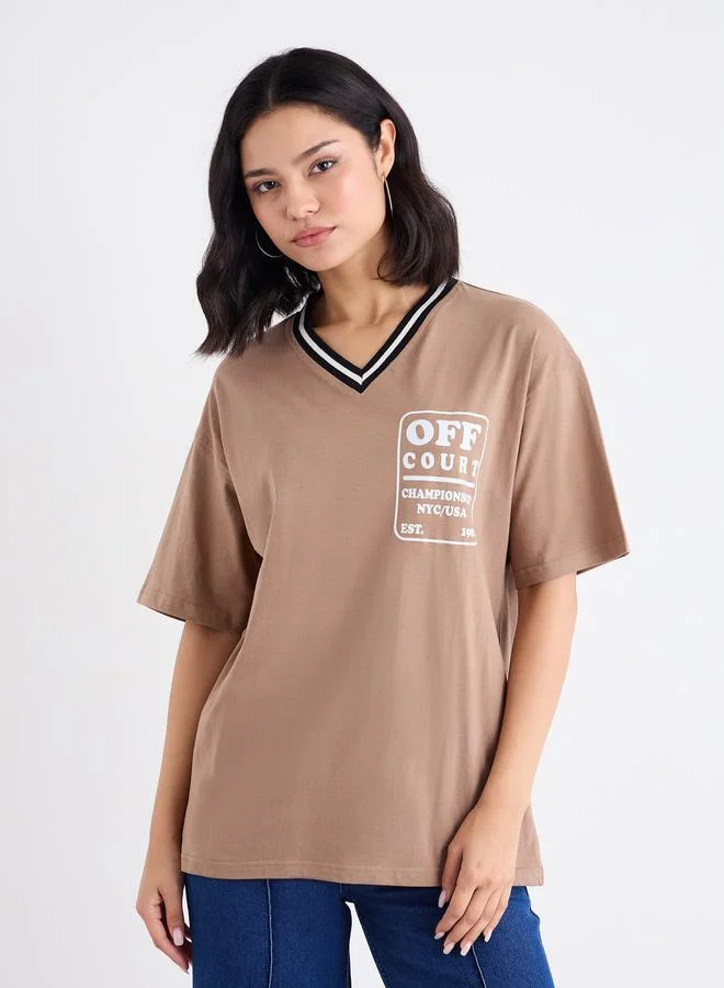 ستايلي Styli Slogan Print Contrast Neck Oversize T-Shirt